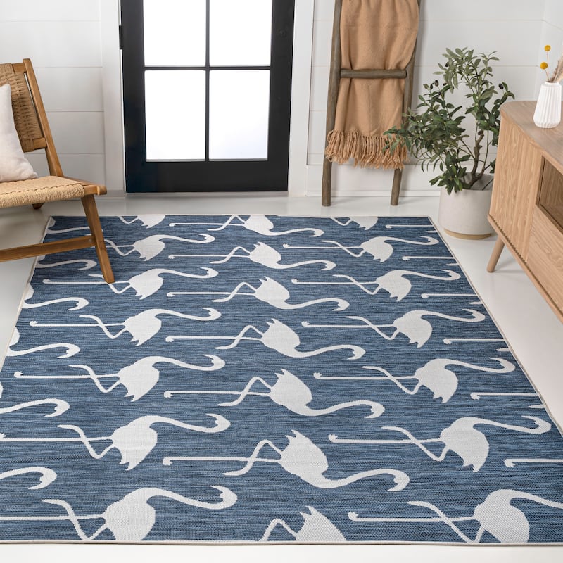 JONATHAN Y Liana Casual Coastal Flamingos Two-Tone Indoor/Outdoor Area Rug - 2 X 8 - Navy/White