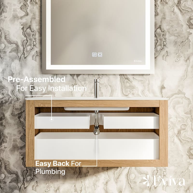 Eviva Lumber 44" Wall Mount Oak Vanity with Solid Surface Integrated Sink