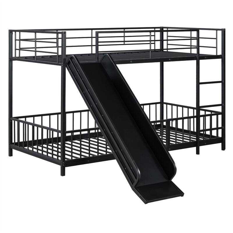 Metal Bunk Bed with Slide and Door, Twin Over Twin/Full Over Full Low Bunk Bedframe with Fence Guardrails and Ladder for 2 Kids