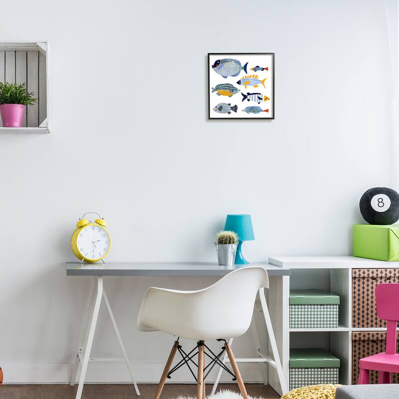 Stupell Children's Aquatic Fish Arrangement Playful Blue Yellow Animals Framed Wall Art