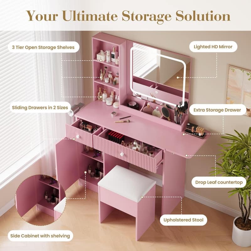 Makeup Vanity Desk with Mirror, Charging Station, Storage Drawers， Stool