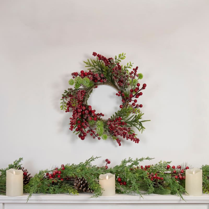 Artificial Frosted Red Berry and Pine Christmas Wreath, 16-Inch, Unlit