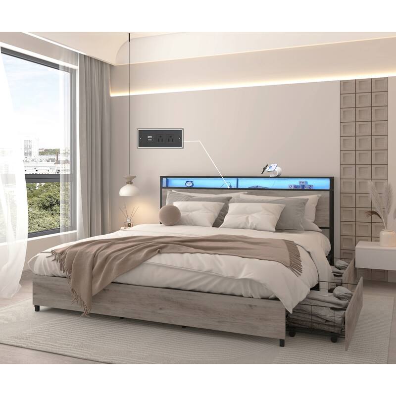 Queen Bed Frame with Storage Headboard, Charging Station, LED Lights, and Easy Assembly