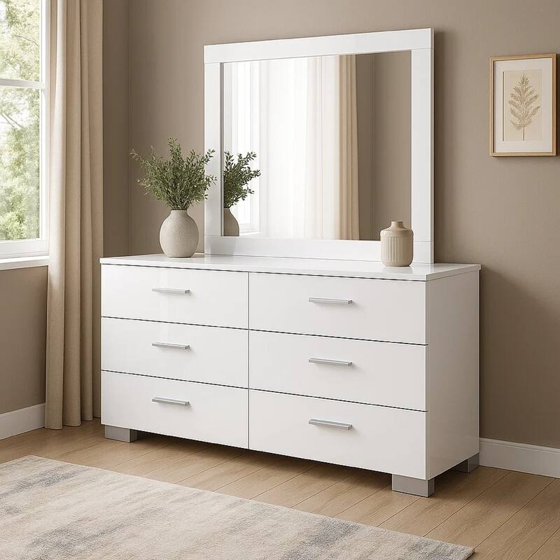 Sok Wide Dresser with Mirror, 6 Drawers, White High Gloss Finish, Wood