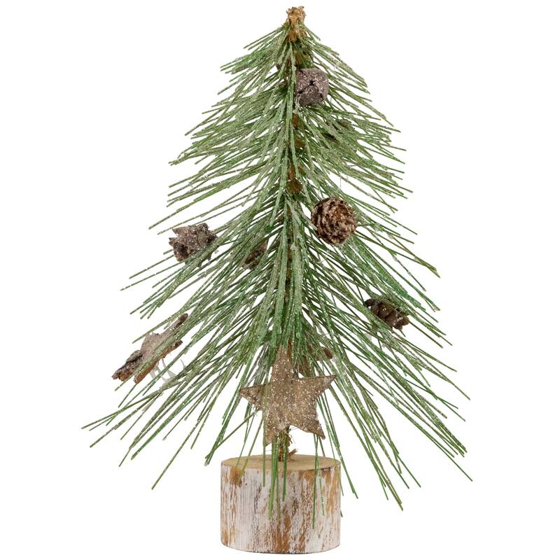 Frosted Bottle Brush Tree on Wooden Base Christmas Decoration - 8.5"