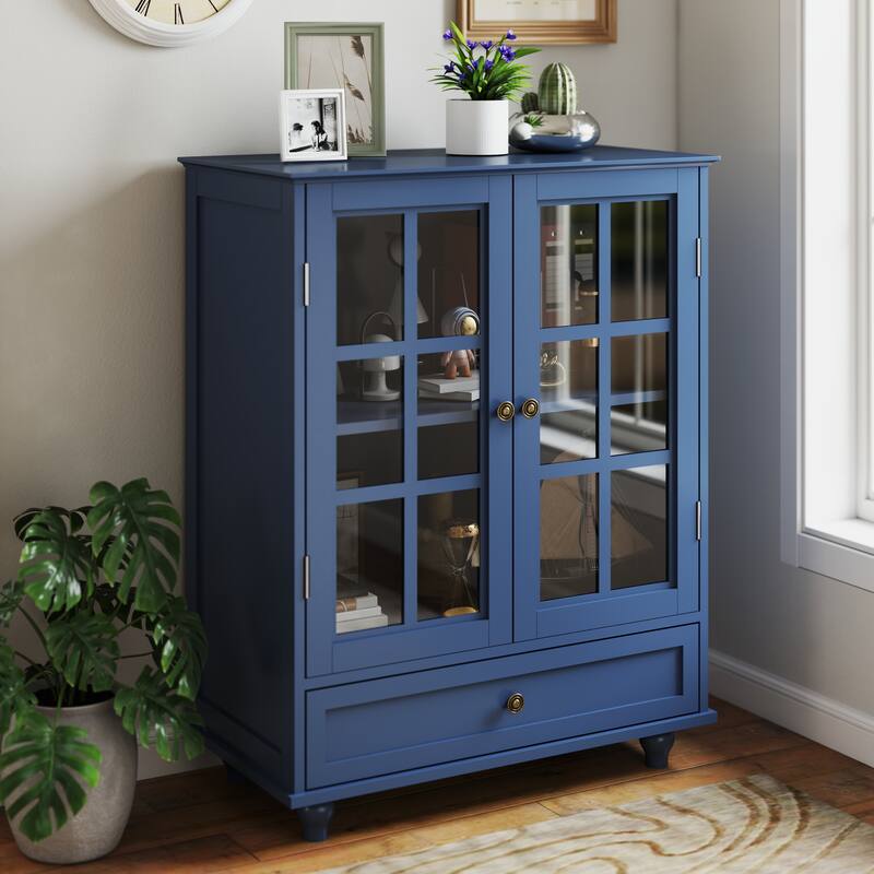 Buffet Cabinet with Double Glass Doors and Drawer, Modern Wooden Storage Sideboard Cupboard for Living room, Dining Room