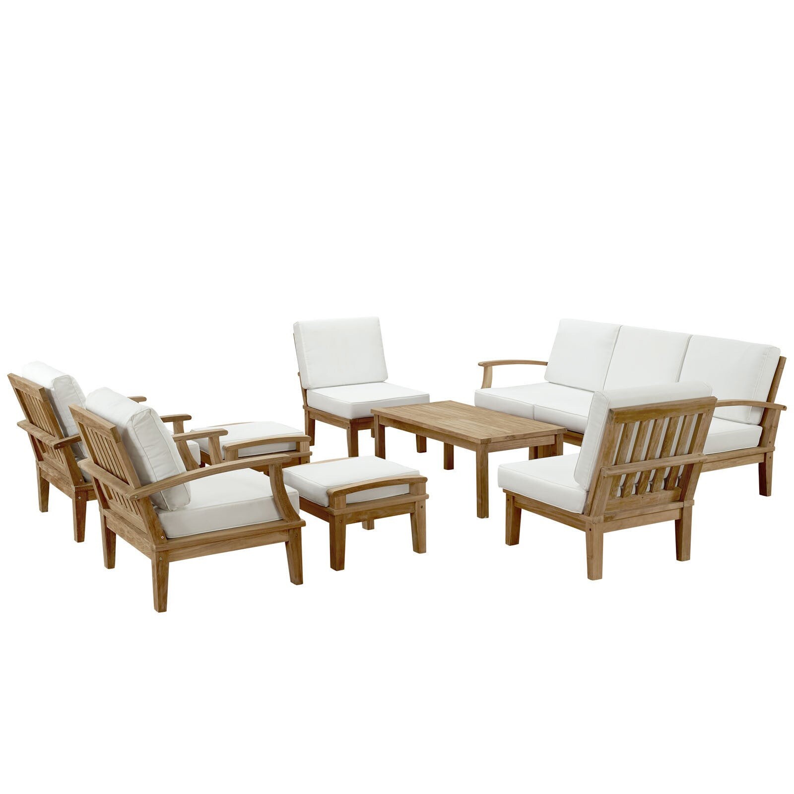 Outdoor wooden furniture set with white cushions including two single chairs, a loveseat, a coffee table, and an ottoman