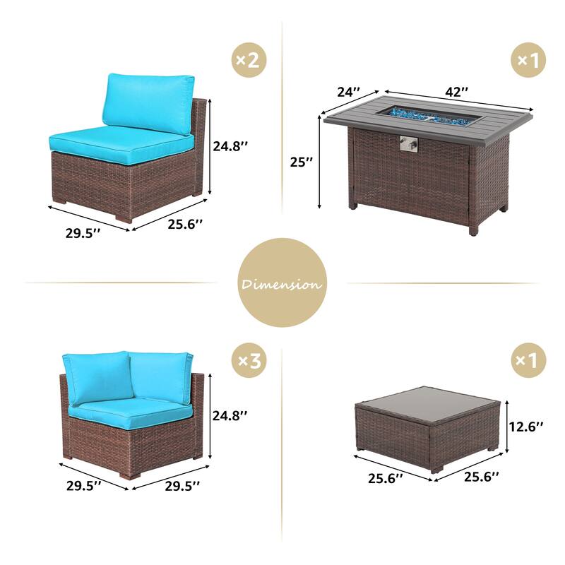 7 Piece Wicker Set Patio Sofa Furniture with Fire Pit And Table