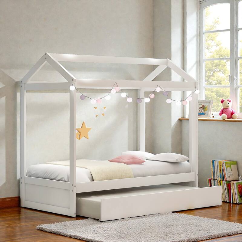 Twin Size House Bed with Trundle, Pine Wood Frame, Roof Design, Kids Playhouse Bed with Decor-Friendly Rails
