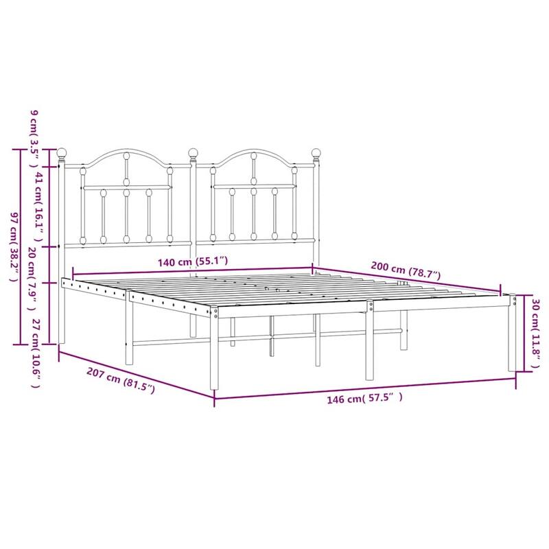 vidaXL Bed Frame Black Powder-coated steel 55.1 x 78.7 in Bed Frame - 57.5 x 81.5 x 38.2
