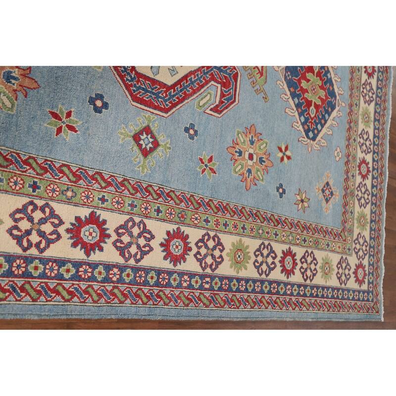 Hand Knotted Oriental 100% Wool Carpet Traditional Geometric Navy Blue & Blues Kazak Area Rug - 10' 0'' X 6' 9''
