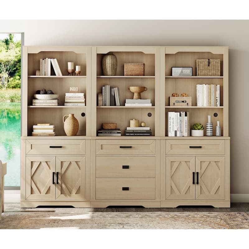 3-Column 73.3" Tall Bookshelf Set with Open Storage and Glass Doors - Beige - 3 Open Shelf