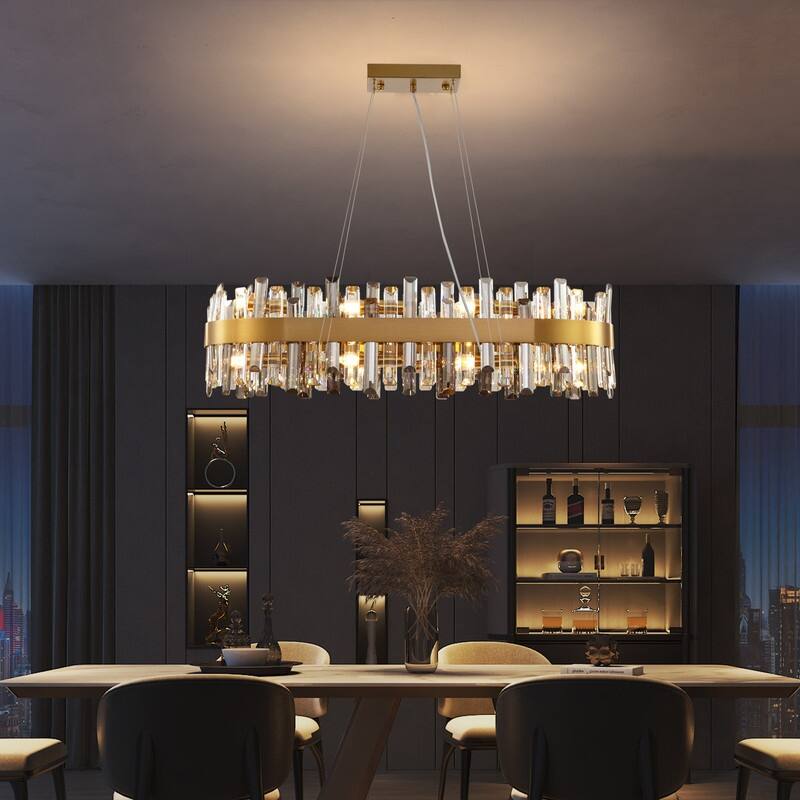 35.4'' Modern Crystal Chandelier 16-Light Rectangle Gold Brass Chandelier Luxury 2-Tier Crystal Pendant Light for Kitchen Island