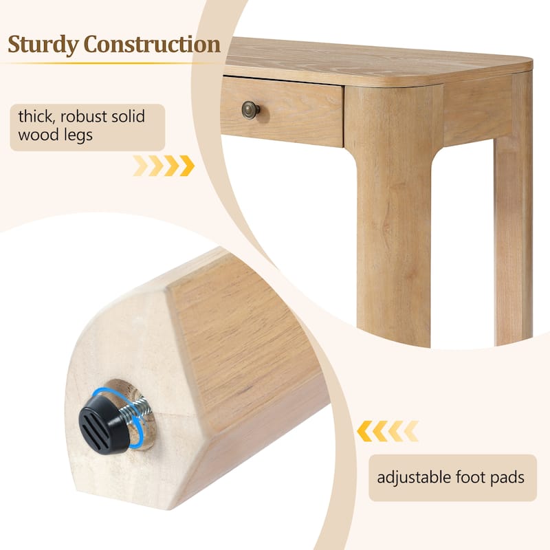 Rustic Console Table with Curved Corners, Entryway Table with 3 Concealed Drawers, Sturdy Sofa Table with Thick Legs