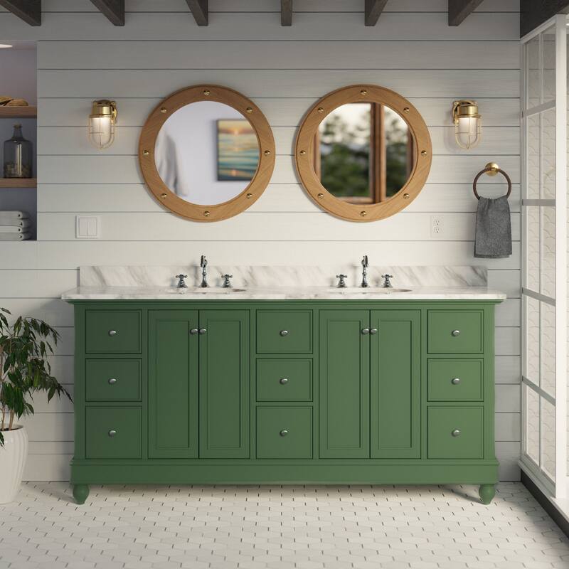 KitchenBathCollection Bella 72" Double Bathroom Vanity with Carrara Marble Top - Sage Green