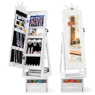 Gymax Swivel Kids Jewelry Cabinet w/ Lights Full-Length Mirror &
