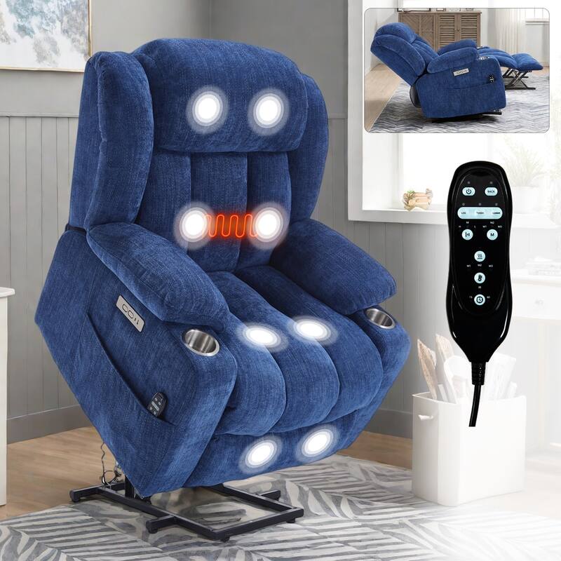 Roomfitters Heavy Duty Power Lift Recliner, Chenille Massage Chair with USB-C Charging and Stainless Cup Holders - Blue