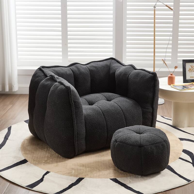 Extra-Large Chenille Bean Bag Chair with Footstool, Comfy Bean Bag Sofa for Adults, High Resilient Foam Square Lazy Sofa
