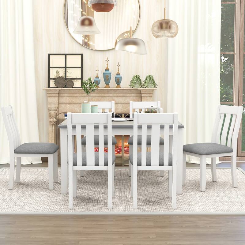 7-Piece Dining Set, with Extendable Wood Table and Upholstered Chairs, Retro Farmhouse Style, for Kitchen