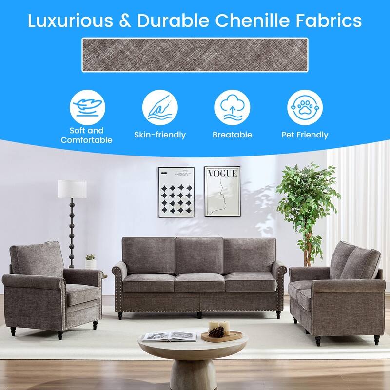 Mixoy 3Piece Chenille Living Room Sofa Set,Modern 3-Seater Sofa Couch&Loveseat Sofa&Single Sofa Armchair Set,Unique Riveted Look
