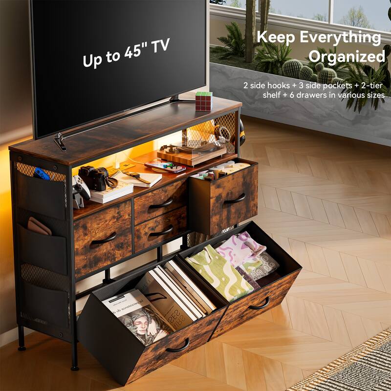 Dresser for Bedroom TV Stand with Power Outlets and LED Light, 6 Dresser with Shelves for 45" TV, PU Finish