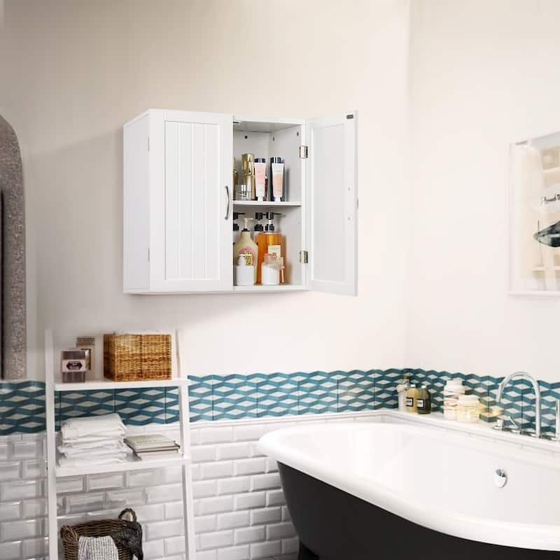 Yaheetech Wooden Bathroom Wall Mount Cabinet with Adjustable Shelf, White - White - Wood Finish