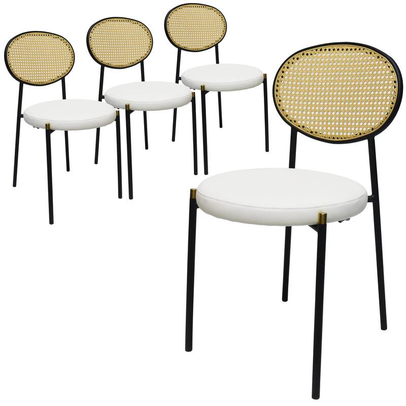 Euston Modern Velvet or Leather Upholstered Round Seat with Powder Coated Finish and Thick Cushion Set of 4 - White Leather