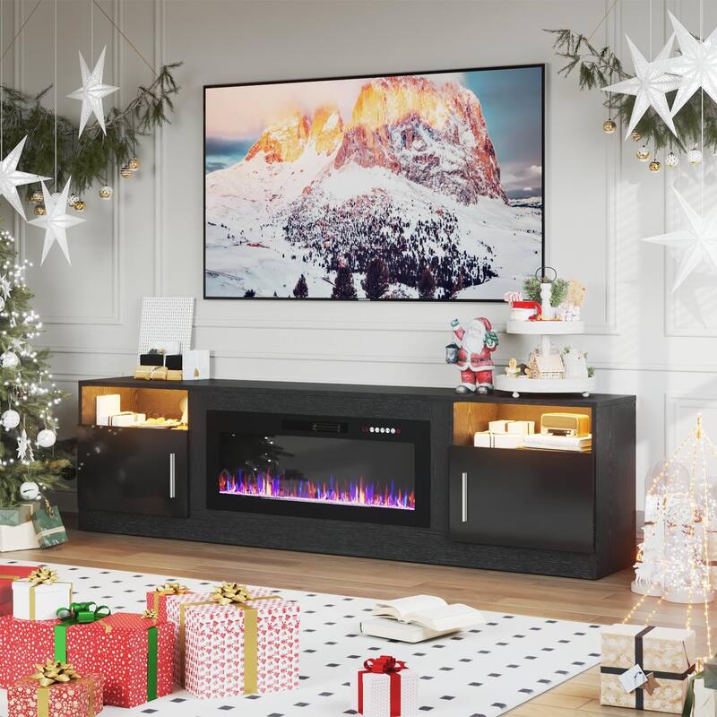 80" Modern Electric Fireplace TV Stand with 20-Color LED Lights, Fits Up to 90" TV, Adjustable Shelves & Cable Management