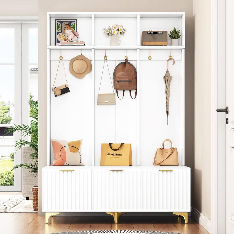 Modern Storage Hall Tree with Bench - Glossy Doors, 6 Gold Hooks