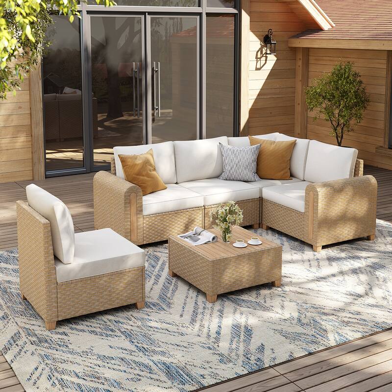 Outdoor Conversation Set L-Shaped Corner Sectional Sofa 6-Piece Patio Modular Sofa and Coffee Table PE Wicker Rattan Acacia Wood
