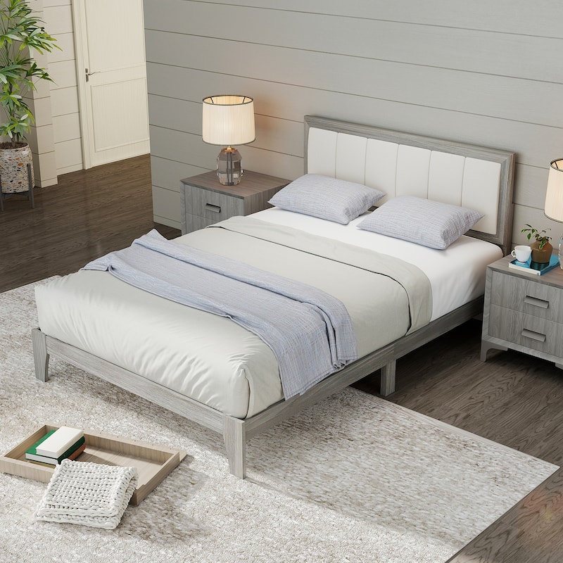 HOMCOM Full Size Bed Frame with Upholstered Headboard, Platform Bed Frame with Wooden Slats