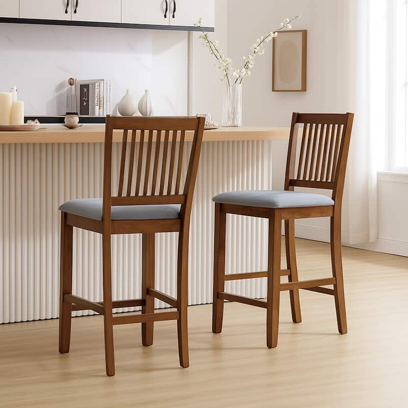 Farmhouse 24.8" Counter Height Chairs Slat Back Padded Wood Bar Stools - 21L×18W×35H - Set of 2 - Walnut