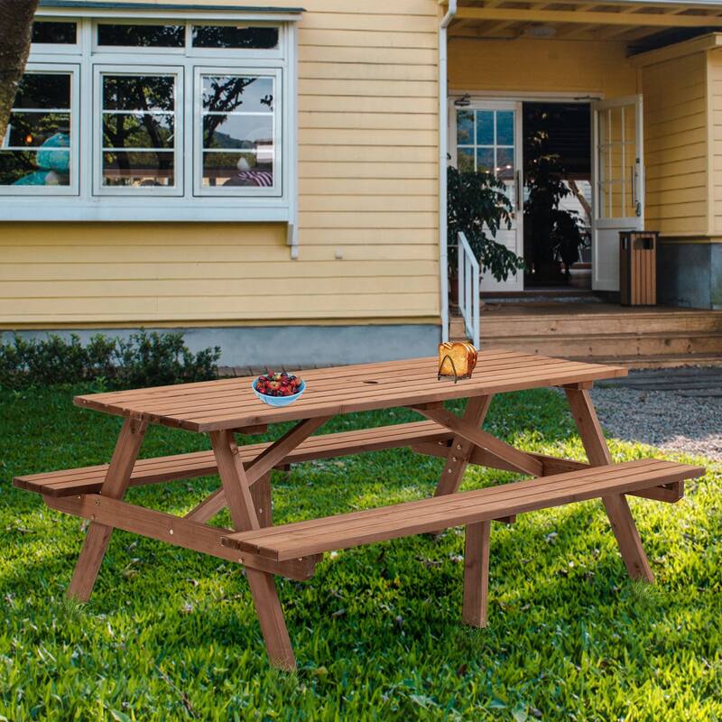 8 Person Wooden Picnic Table with 2 Benches and Umbrella Hole