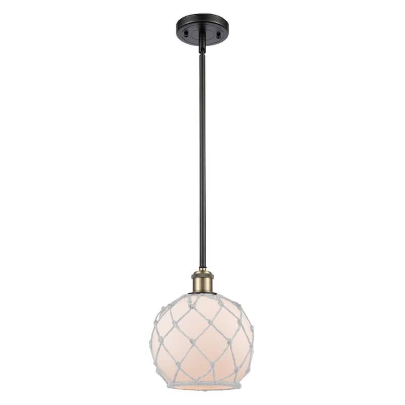 Innovations Lighting Farmhouse Rope 8" Wide Mini Pendant - Black Antique Brass / White Glass with White Rope