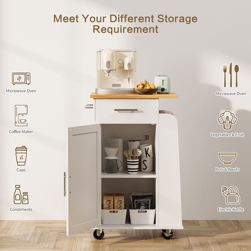 Rolling Kitchen Island with Storage Cabinet & Spice Rack & Drawer – Rubber Wood Top