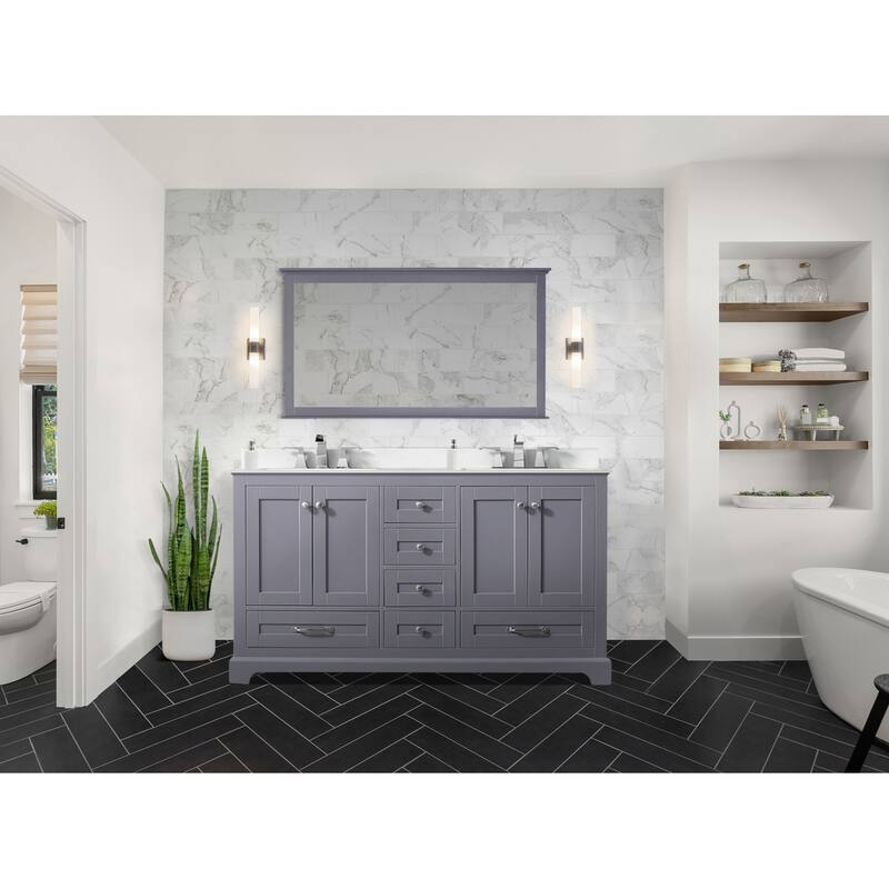Dukes 60 in. W x 22 in. D White Double Bath Vanity, Cultured Marble Top, Faucet Set, and 58 in. Mirror