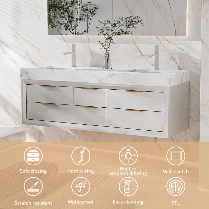 Modland 60" Modern Floating Bathroom Vanity with Double Sink, Soft-Close Drawers, White Stone Countertop
