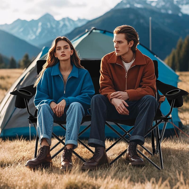 Costway 2-Person Outdoor Folding Loveseat with Cup Holders Armrests