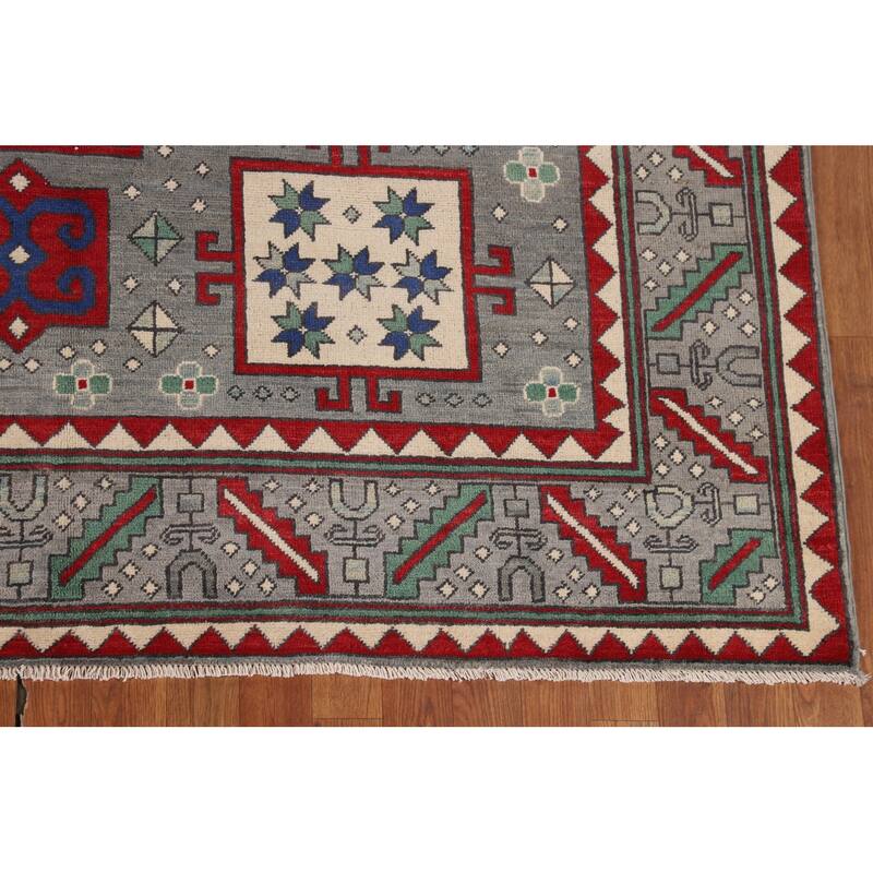Geometric Gray Kazak Oriental Area Rug Handmade Wool Carpet - 6'4" x 10'0"