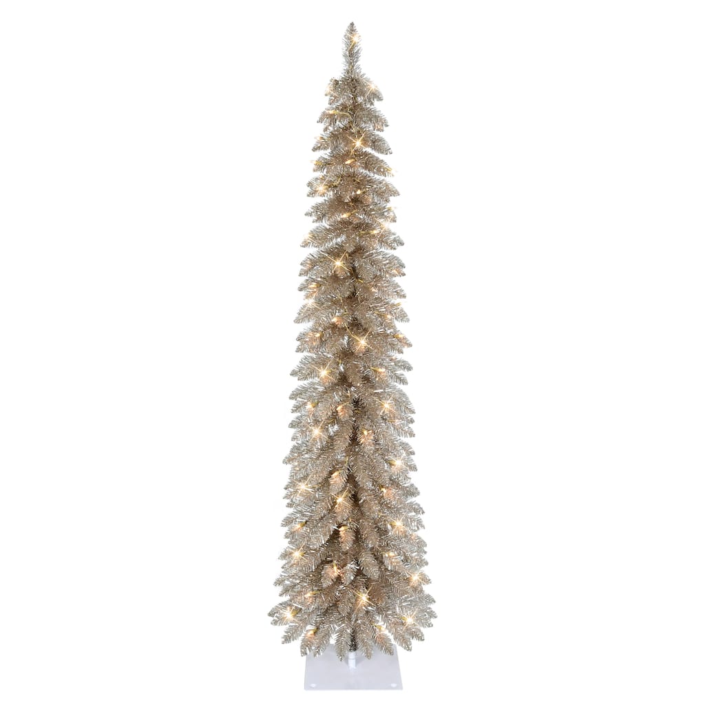 Puleo International 6' Pre-Lit Artificial Alpine Rose Gold Pencil Tree
