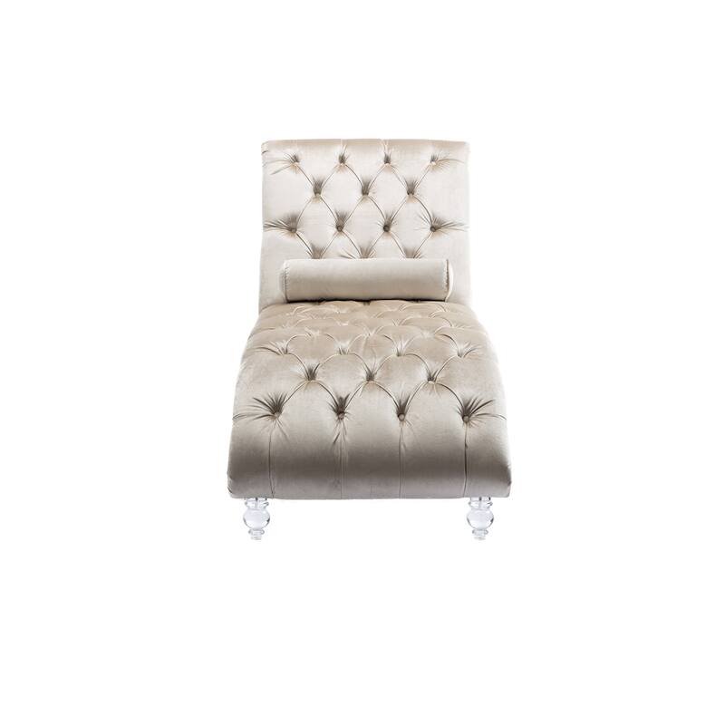 Beige Modern 63.98" Upholstered Buttons Tufted Chaise Lounge Chair with Pillow and Acrylic Legs