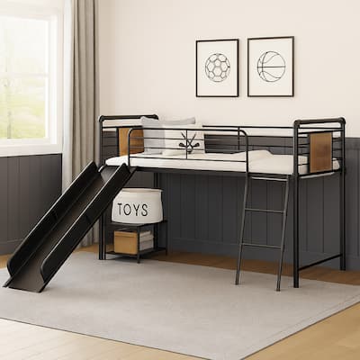 Twin Loft Bed with Tubular Metal Frame and Slide, Dark Bronze