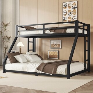 Black Twin XL over Queen Size Metal Bunk Bed with Space-Saving Design and Ladder for Teens