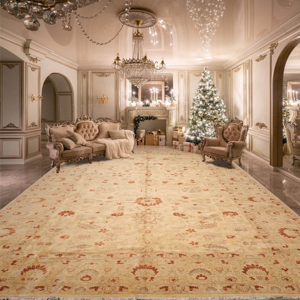 Hand Knotted Warm Beige Oushak Wool Traditional Oriental Area Rug - 12' 1'' x 17' 9''