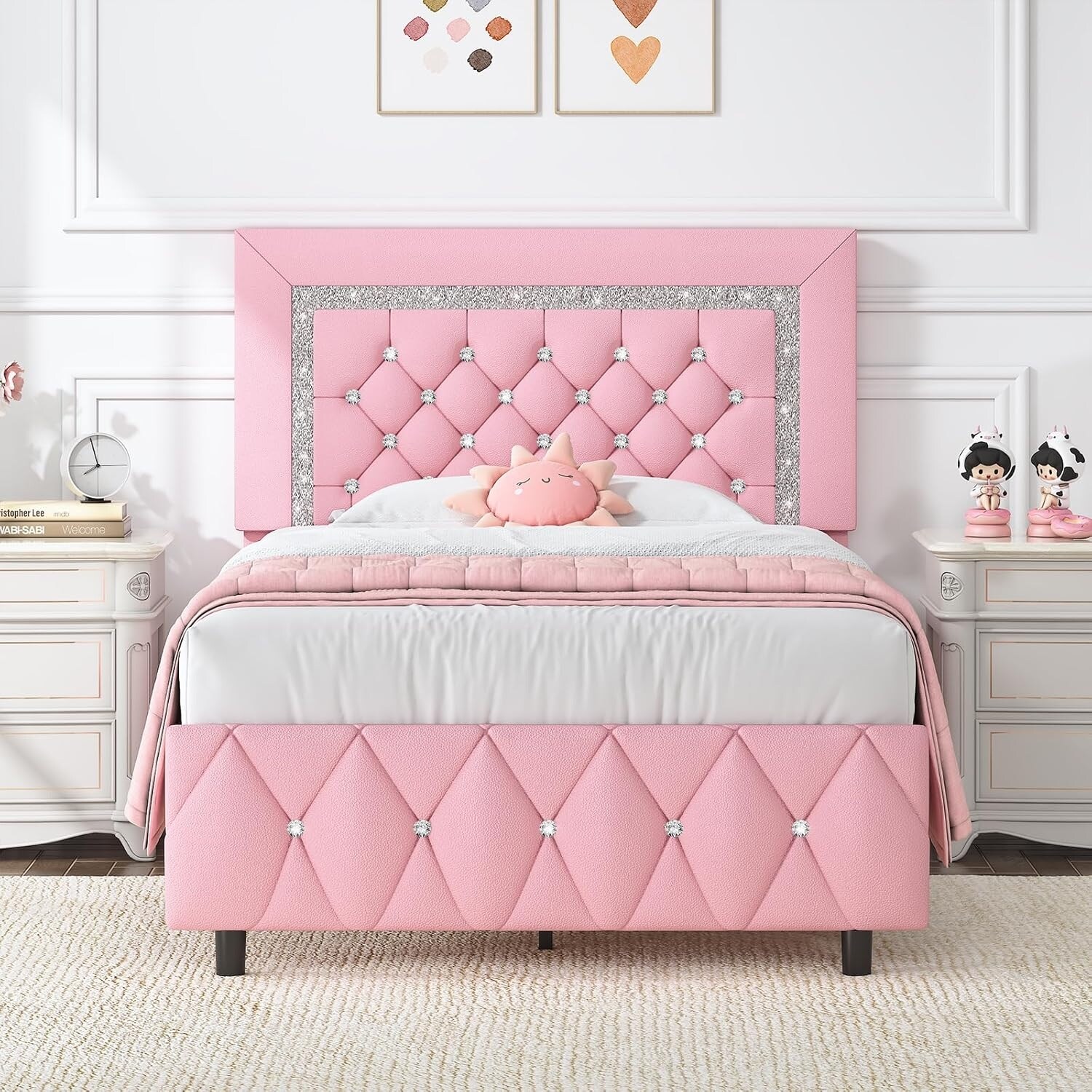 Pink Twin Bed Frame with Diamond Headboard, Faux Leather Upholstered Platform Bed, No Box Spring Needed, Easy Assembly