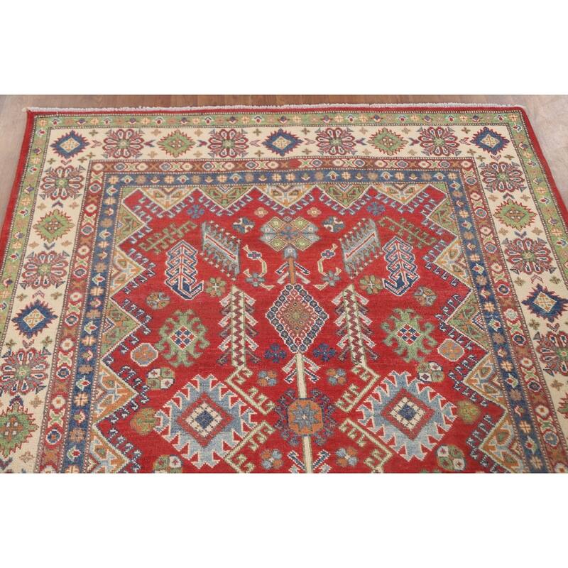 Geometric Kazak Area Rug Hand-Knotted Oriental Wool Carpet - 4'11" x 6'3"