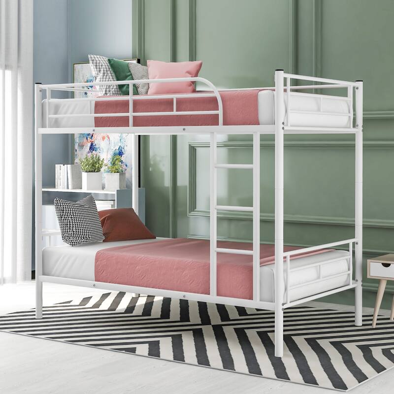 Versatile Metal Bunk Bed with Chrome Finish, Safety Guardrails, Ideal for Kids and Guest Rooms - White - Twin