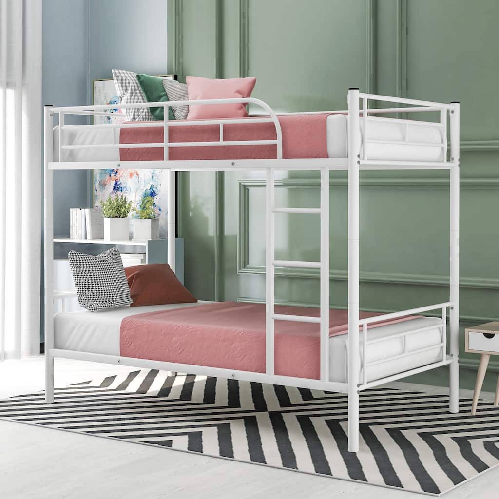 White Twin over Twin Metal Bunk Bed with Fence and Ladder