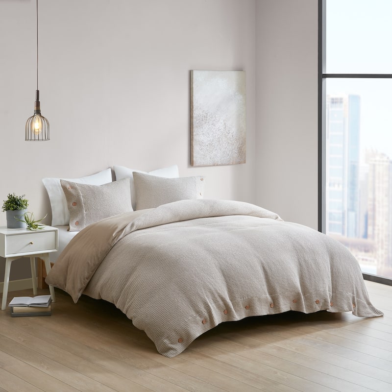 Adalyn Cotton and Rayon from Bamboo Blend Waffle Weave Duvet Cover Set by Clean Spaces - Taupe - Full - Queen
