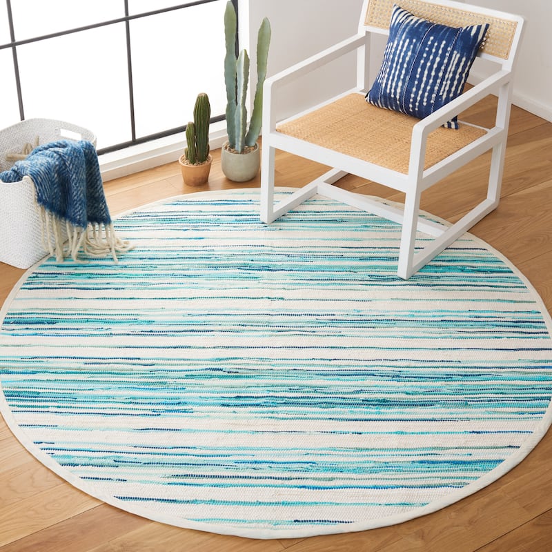 SAFAVIEH Handmade Rag Rug Jakayla with Fringe Casual Stripe - 6' Round - Ivory/Green
